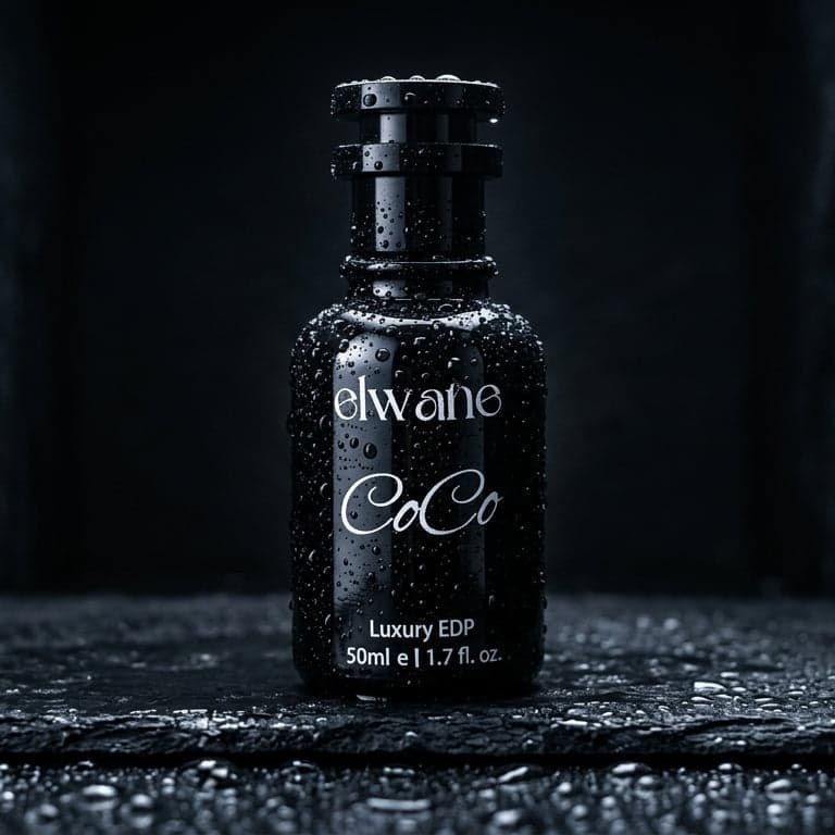 Black perfume bottle labeled 'elwane CoCo' on a dark textured surface