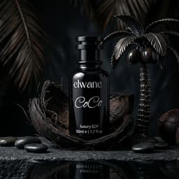 Black bottle of elvane CoCo on a dark background with palm leaves and stones.